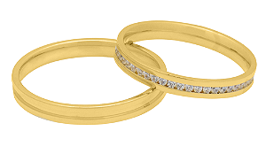Par de Alianças Reta Confort Ouro 18k 3mm com Friso e Zirconias 1,25mm 359P - Maube Jóias