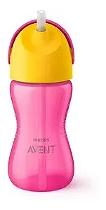 Copo Avent Dinossauro c/Canudo Curvado 300ml Rosa/Amarelo  SCF798-02