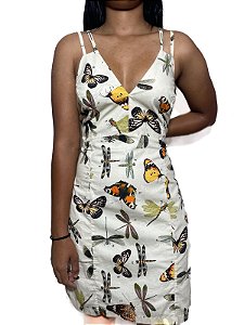 Vestido Meia Loka Alça Dupla com Estampa de Borboletas e Libélulas