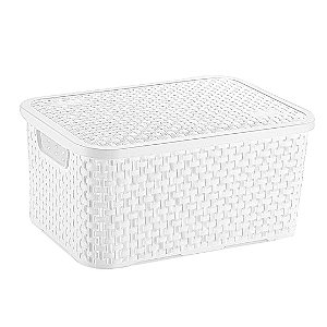 Cesto Organizador Rattan Multiuso Médio Com Tampa Branco de Plástico 8 Litros