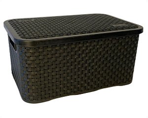 Cesto Organizador Rattan Multiuso Médio Com Tampa Preto de Plástico 8 Litros