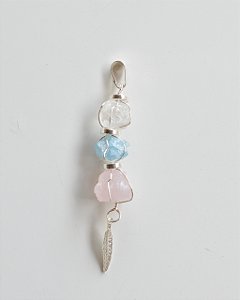 Pingente Cestinho Quartzo Rosa, Água Marinha e Cristal Bruto