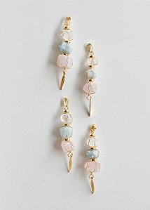 Pingente Cestinho Quartzo Rosa, Água Marinha e Cristal Bruto - Dourado