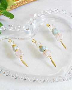 Pingente Cestinho Quartzo Rosa, Água Marinha e Cristal Bruto - Dourado