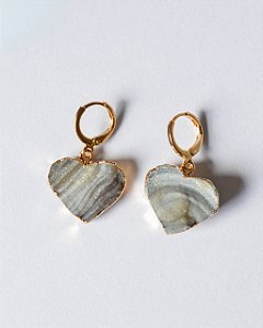 Brinco Coração Drusa de Ágata Dourado - Pedra da Sorte