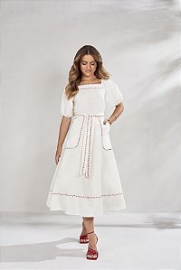Vestido Gode Sarja Off White Com Bordado Vermelho 125cm - Titanium