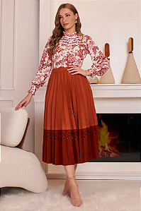 Conjunto Ferrugem Estampa Floral Midi Evasê - Fascinius