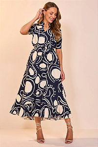 Vestido Azul Viscose Estampada E Decote V Evasê Midi - Fascinius