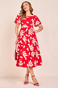 Vestido Vermelho Algodão Estampa Tropical Godê Midi - Fascinius