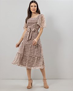 VESTIDO EVASÊ CHIFFON ESTAMPADO MARROM - LAURA ROSA