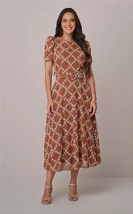 Vestido Maxi Midi na Tela Bordada Analia Marrom - Tata Martello