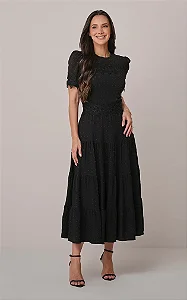 Vestido Midi no Crepe Dots com Rendas Ananda Preto - Tata Martello
