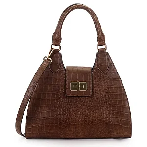 Bolsa Satchel Media Croco Estruturada Com Fecho Marrom