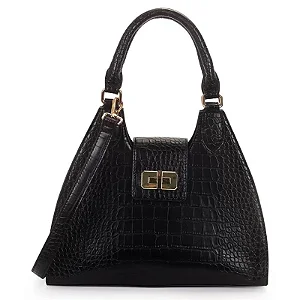 Bolsa Satchel Media Croco Estruturada Com Fecho Preta