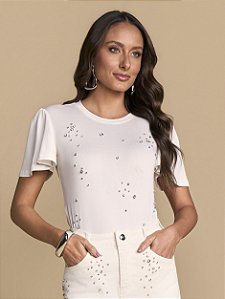 T-SHIRT EM MALHA OFF-WHITE BORDADA COM PEDRAS - TITANIUM