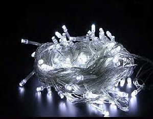 Pisca de Natal 50 Leds branco frio 8 Funções 5 Metros fio transparente bivolt.