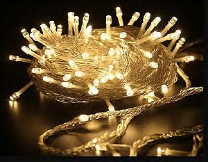 Pisca de Natal 50 Leds Branco Quente 8 Funções 5 Metros fio transparente bivolt.