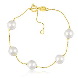 PULSEIRA COM PÉROLAS SHEL 8MM E CORRENTE VENEZIANA FINA FOLHEADA A OURO