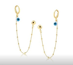 Brinco Piercing Com Corrente Bolinhas E Olho Grego Folheado A Ouro