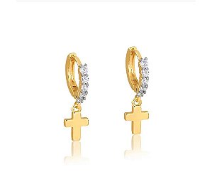 BRINCO MINI CLICK COM CRUCIFIXO E PEDRAS DE ZIRCONIAS FOLHEADO A OURO