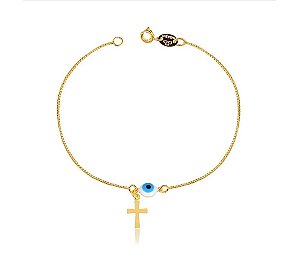PULSEIRA OLHO GREGO COM CRUCIFIXO FOLHEADA A OURO