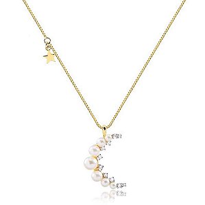 GARGANTILHA COM PINGENTE DELICADO MESCLADO PÉROLAS E PEDRAS DE ZIRCÔNIAS FOLHEADO A OURO
