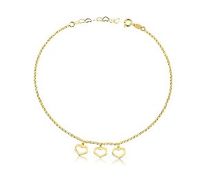 TORNOZELEIRA 3 CORAÇÕES VAZADOS FOLHEADO A OURO