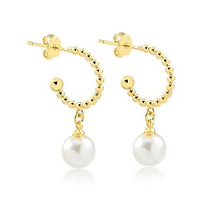 BRINCO MEIA ARGOLA COM BOLINHAS E PÉROLA FOLHEADO A OURO