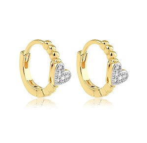 BRINCO CLICK CORAÇÃO COM BOLINHAS E PEDRAS DE ZIRCÔNIA FOLHEADO A OURO