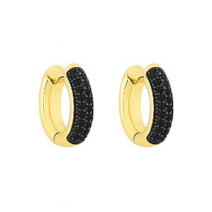 BRINCO ARGOLA CLICK PEQUENA COM PEDRAS DE ZIRCÔNIAS NEGRAS FOLHEADO A OURO