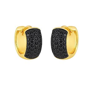 BRINCO ARGOLA CLICK COM PEDRAS DE ZIRCÔNIAS NEGRA FOLHEADO A OURO