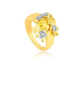 ANEL COM DOIS PINGENTES CASAL FILHOS COM PEDRAS DE ZIRCÔNIAS FOLHEADO A OURO