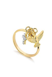 ANEL ESPÍRITO SANTO E CRUZ COM PEDRAS DE ZIRCÔNIAS FOLHEADO A OURO