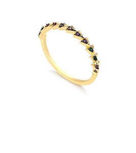 ANEL ESTILO DELICADO PEDRAS MULTICOLOR FOLHEADO A OURO