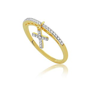 ANEL COM PINGENTE CRUZ COM PEDRAS DE ZIRCÔNIAS FOLHEADO A OURO