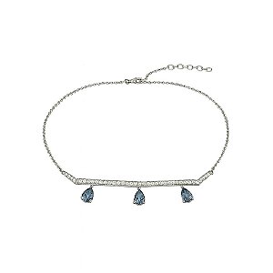 GARGANTILHA CHOKER COM ZIRCÔNIAS EM CRISTAL E PINGENTES EM GOTA AZUL CLARO FOLHEADO A RÔDIO BRANCO
