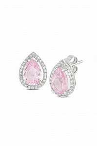 BRINCO GOTA ZIRCÔNIA ROSA FOLHEADO A RÔDIO BRANCO