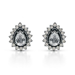 BRINCO GOTINHA 2 EM 1 CRISTAL CRAVEJADO DE ZIRCÔNIA FOLHEADO A RÔDIO NEGRO