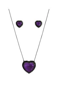 CONJUNTO CORAÇÃO PEDRA DE ZIRCÔNIA AMETISTA FOLHEADO A RÔDIO NEGRO