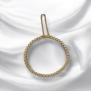 PULSEIRA RIVIERA REDONDA ZIRCÔNIA CRISTAL COM FECHO PEGA LADRÃO FOLHEADO A OURO