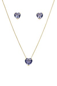 CONJUNTO CORAÇÃO PEDRA DE ZIRCÔNIA LILÁS FOLHEADO A OURO