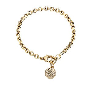 PULSEIRA COM CORRENTE DE ELOS E PINGENTE DE ESFERA CRAVEJADO DE ZIRCÔNIA FOLHEADO A OURO