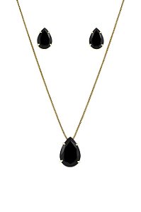 CONJUNTO GOTA ZIRCÔNIA NEGRA FOLHEADO A OURO