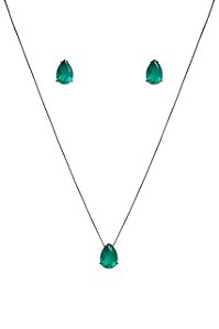 CONJUNTO GOTA ZIRCÔNIA VERDE ESMERALDA FOLHEADO A RÔDIO NEGRO