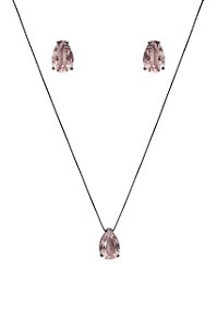 CONJUNTO GOTA ZIRCÔNIA ROSA CLARO FOLHEADO A RÔDIO NEGRO