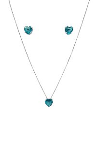 CONJUNTO CORAÇÃO PEDRA DE ZIRCÔNIA AZUL FOLHEADO A PRATA