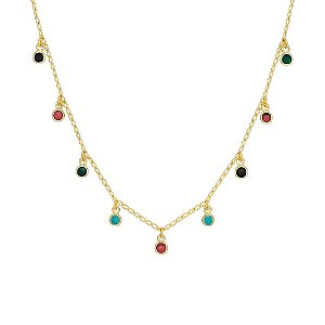 GARGANTILHA CHOKER COM PINGENTES PONTO DE LUZ EM ZIRCÔNIAS COLORIDAS FOLHEADO A OURO