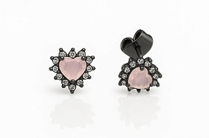 BRINCO CORAÇÃOZINHO ROSA LEITOSO CRAVEJADO DE ZIRCÔNIA FOLHEADO A RÔDIO NEGRO