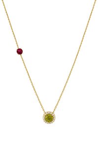 GARGANTILHA DOIS PONTOS DE LUZ ZIRCÔNIAS VERDE E VERMELHO RUBI FOLHEADO A OURO
