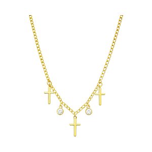 GARGANTILHA CHOKER COM PINGENTES PONTO DE LUZ E CRUZ FOLHEADO A OURO